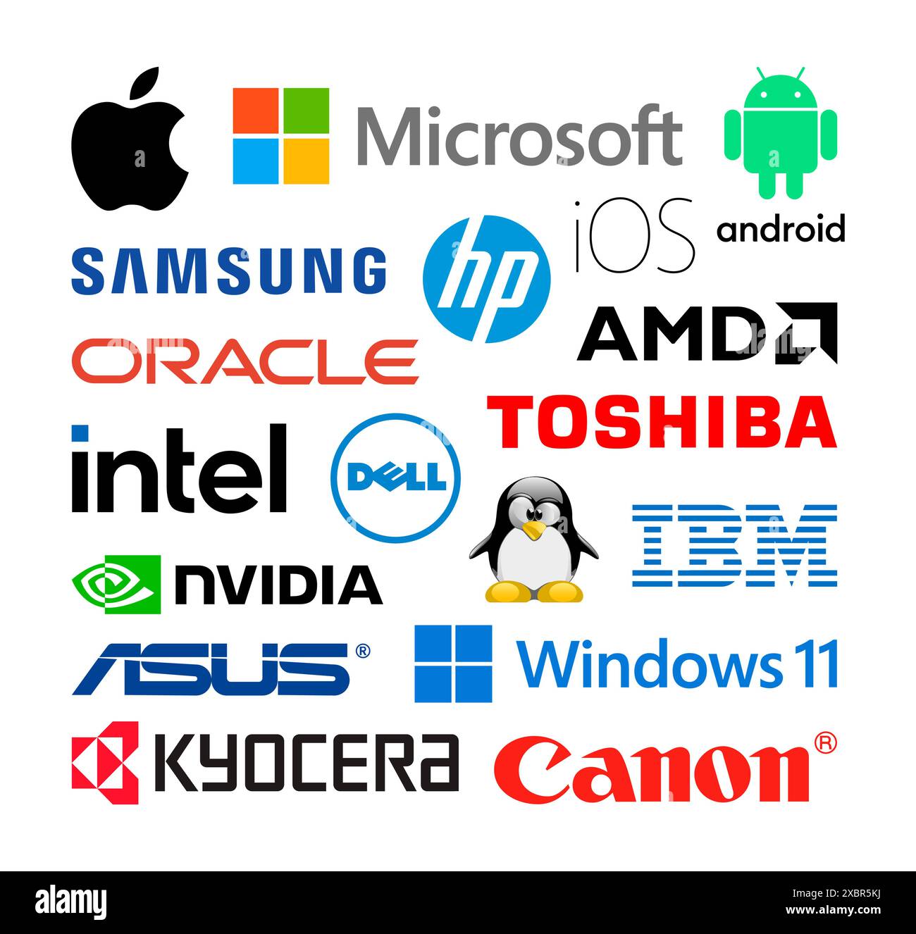 Kiev, Ukraine - 10 juin 2022 : Collection de logos technologiques populaires imprimés sur papier blanc : HP, IOS, intel, Linux, AMD, Sumsung, Oracle, Canon, MICR Illustration de Vecteur