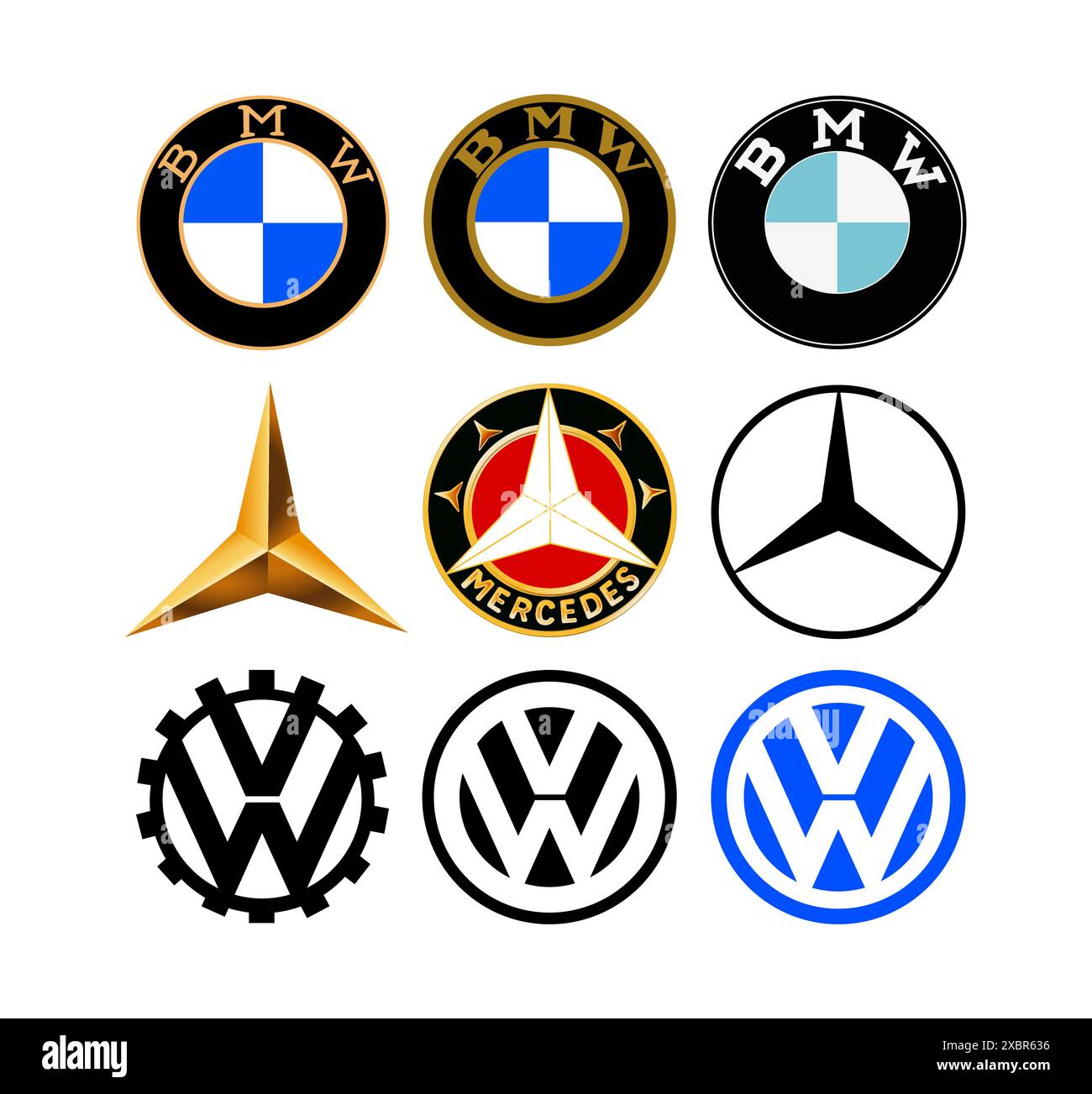 Kiev, Ukraine - 10 juin 2022 : Collection de logos de voitures rétro : Volkswagen, BMW et Mercedes, sur fond blanc, illustration vectorielle Illustration de Vecteur
