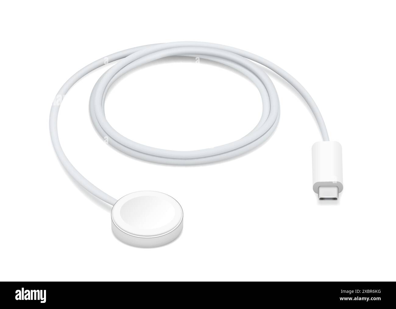 Kiev, Ukraine - 28 mars 2023 : chargeur rapide magnétique Apple Watch vers câble USB-C, sur fond blanc. Apple Watch Essentials Illustration de Vecteur