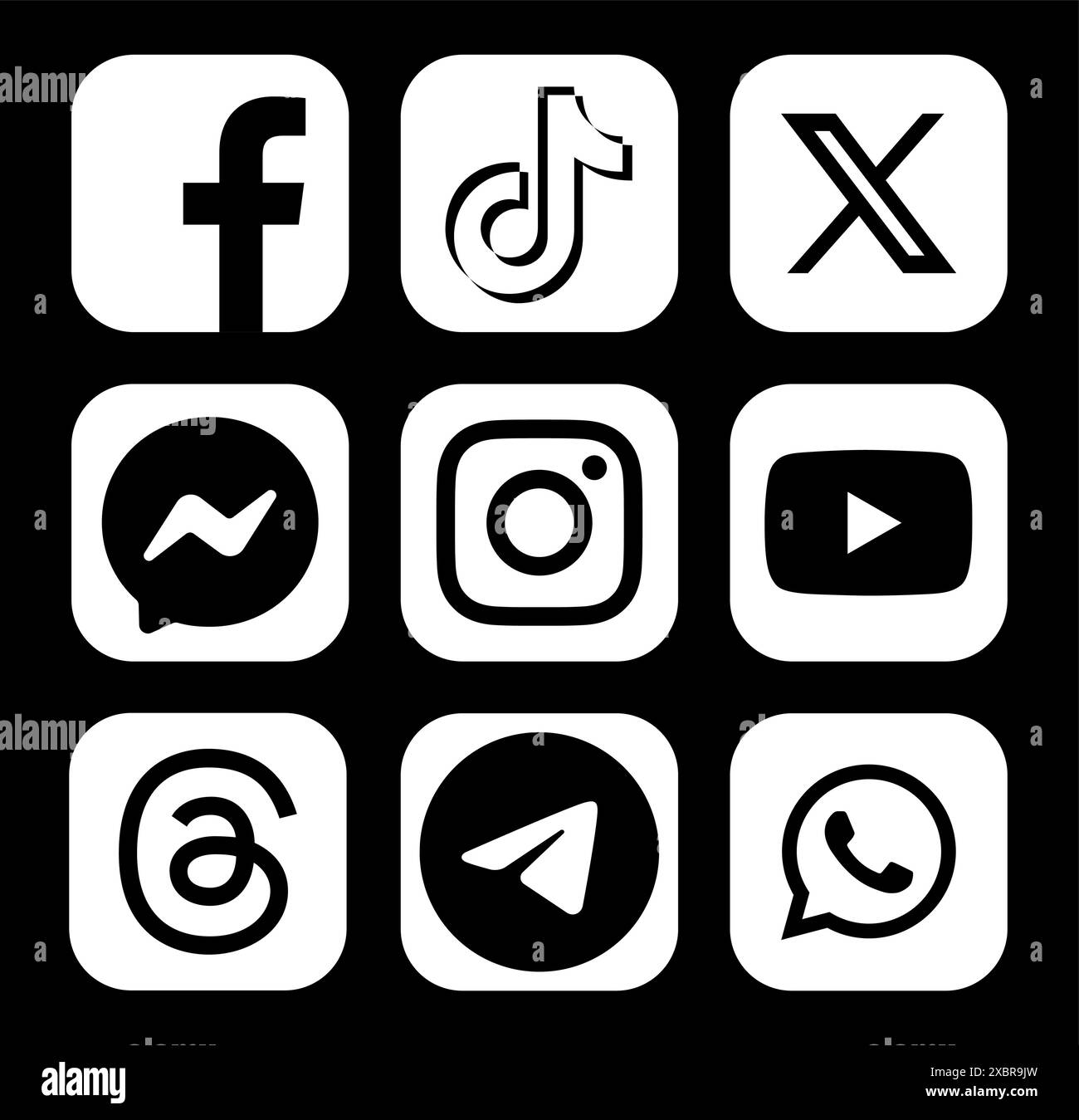 Ensemble d'icônes populaires blanches de médias sociaux et d'applications mobiles : Facebook, TikTok, Twitter - X, Messenger et autres, sur un fond noir, illustration vectorielle Illustration de Vecteur