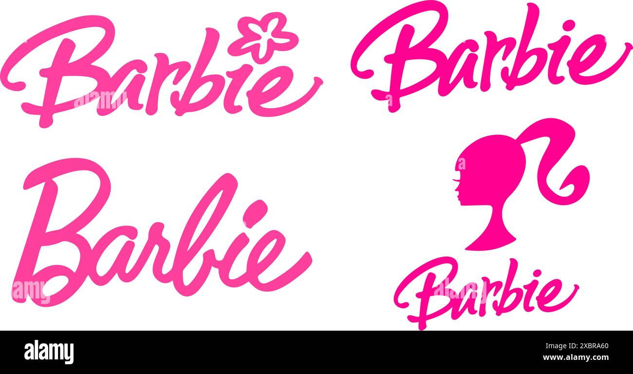 Ensemble de logos Barbie sur un fond blanc, illustration vectorielle. Barbie est une poupée de mode créée par la femme d'affaires américaine Ruth Handler, fabriquée Illustration de Vecteur