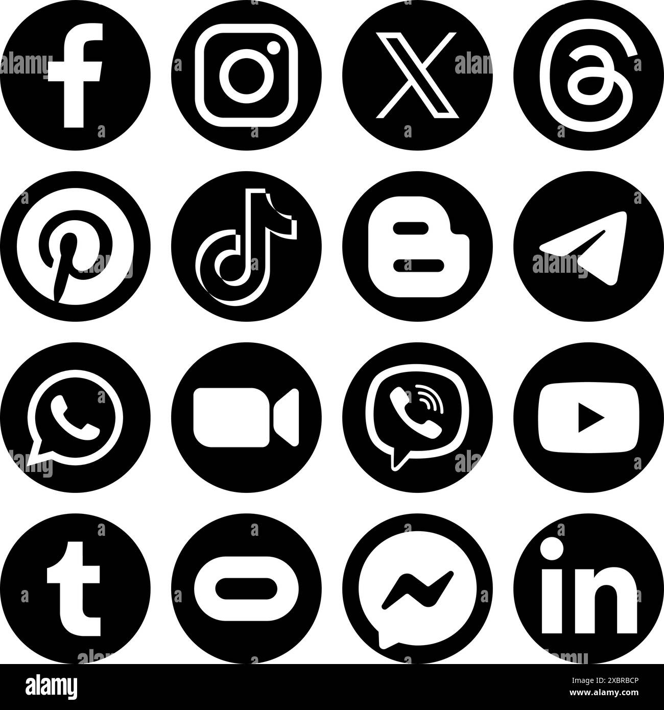Ensemble d'une populaire applications mobiles de médias sociaux icônes rondes noires : Facebook, Instagram, X Twitter, threads, Pinterest, TikTok et d'autres illustrations vectorielles Illustration de Vecteur
