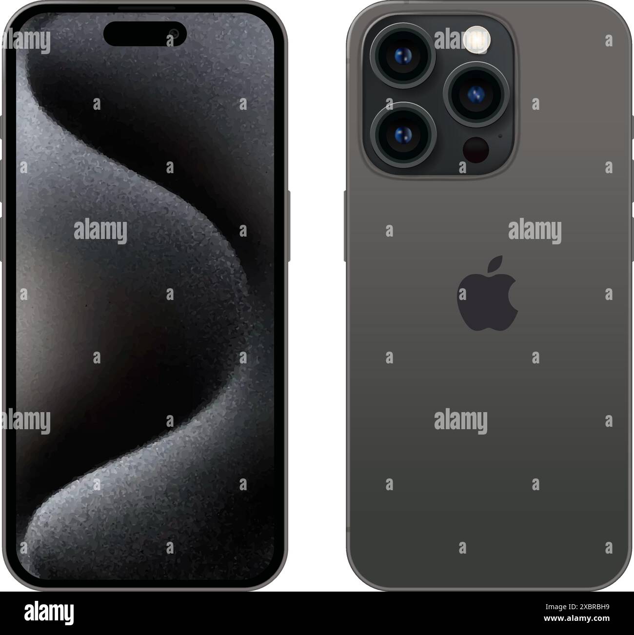 Ensemble de téléphone portable Apple iPhone 15 Pro en titane noir dans différents côtés, sur un fond blanc, illustration vectorielle. IPhone 15 Pro et iPhone 15 Illustration de Vecteur
