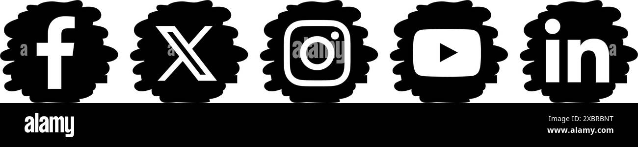 Ensemble d'icônes populaires de médias sociaux et d'applications mobiles dans des spots de conception de marqueur noir : Facebook, Twitter - X, Instagram, YouTube et LinkedIn, sur un transparent Illustration de Vecteur