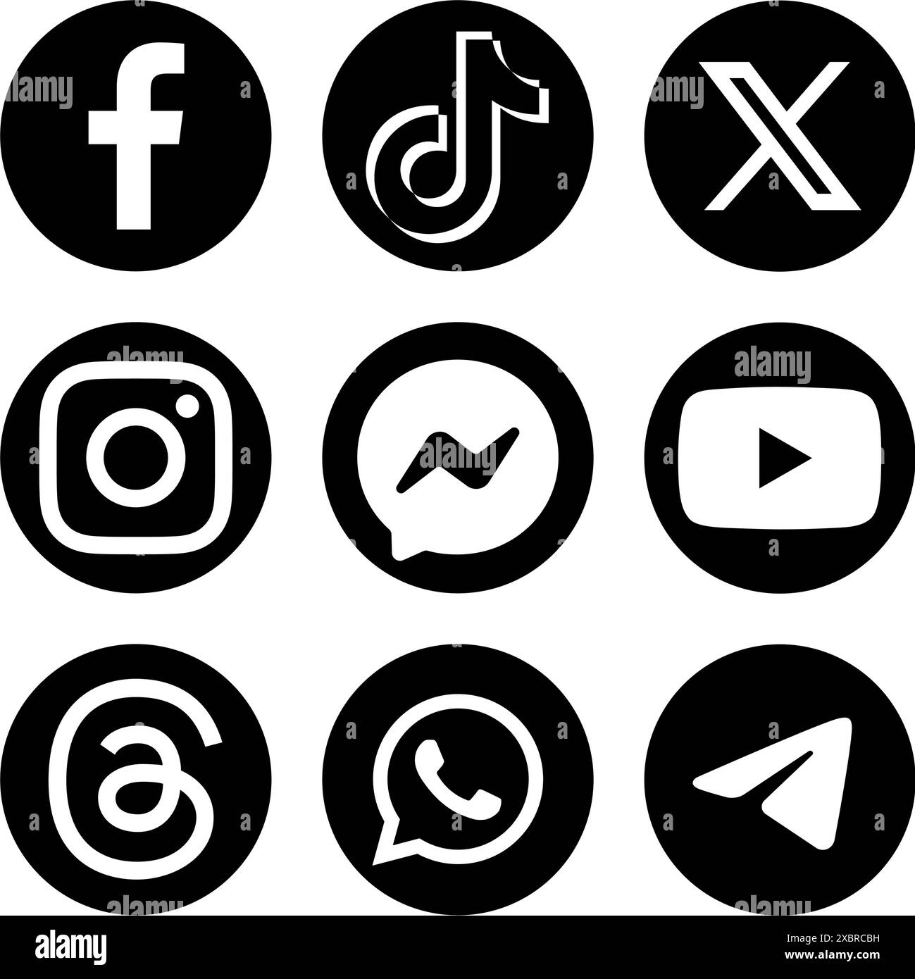 Ensemble d'icônes rondes populaires médias sociaux et applications mobiles en couleur noire : Facebook, TikTok, Twitter - X, Instagram et autres, sur un backgrou transparent Illustration de Vecteur