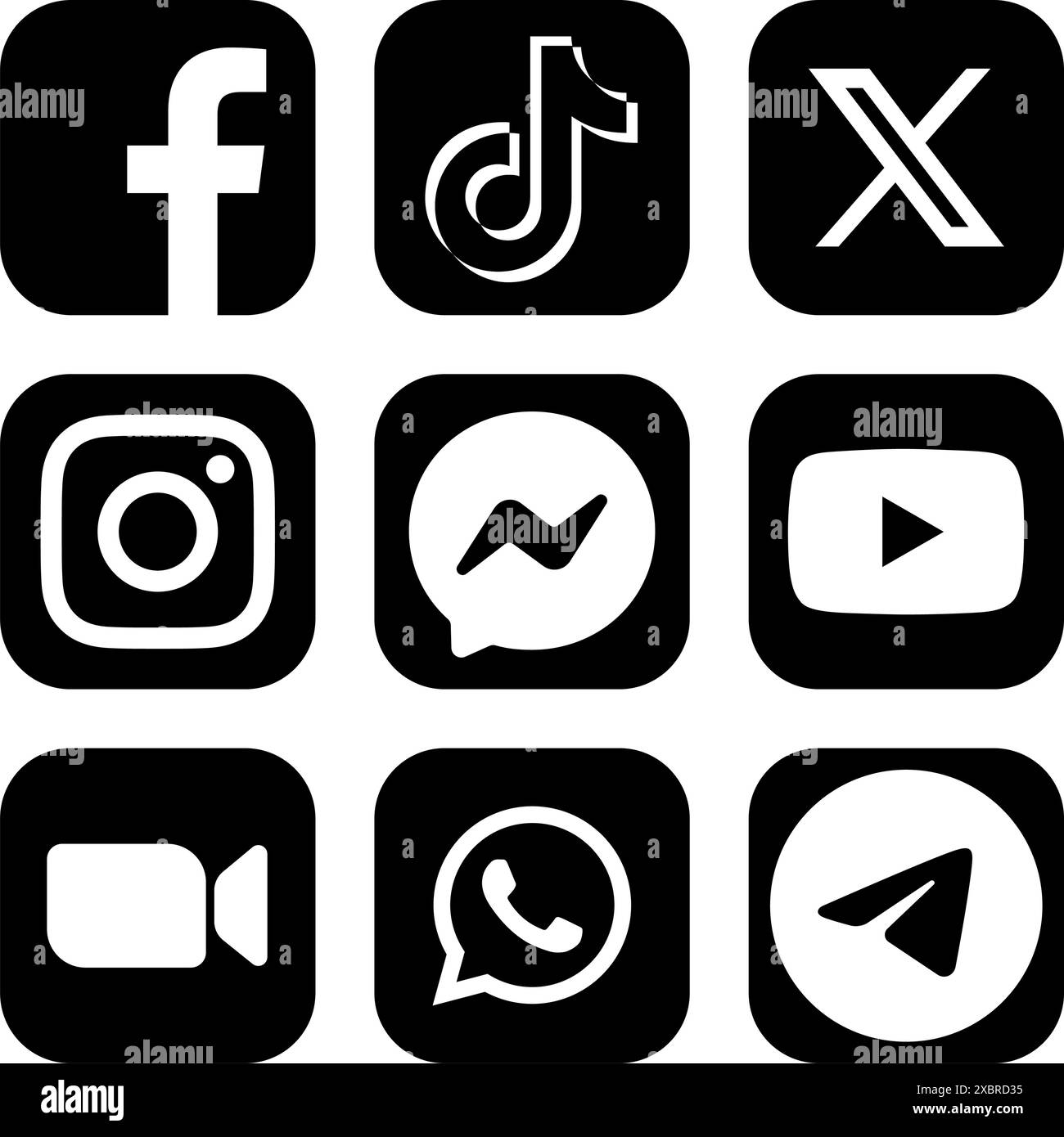 Ensemble d'icônes noires populaires de médias sociaux et d'applications mobiles : Facebook, TikTok, Twitter - X, Instagram et autres, sur un fond transparent, vecteur illu Illustration de Vecteur