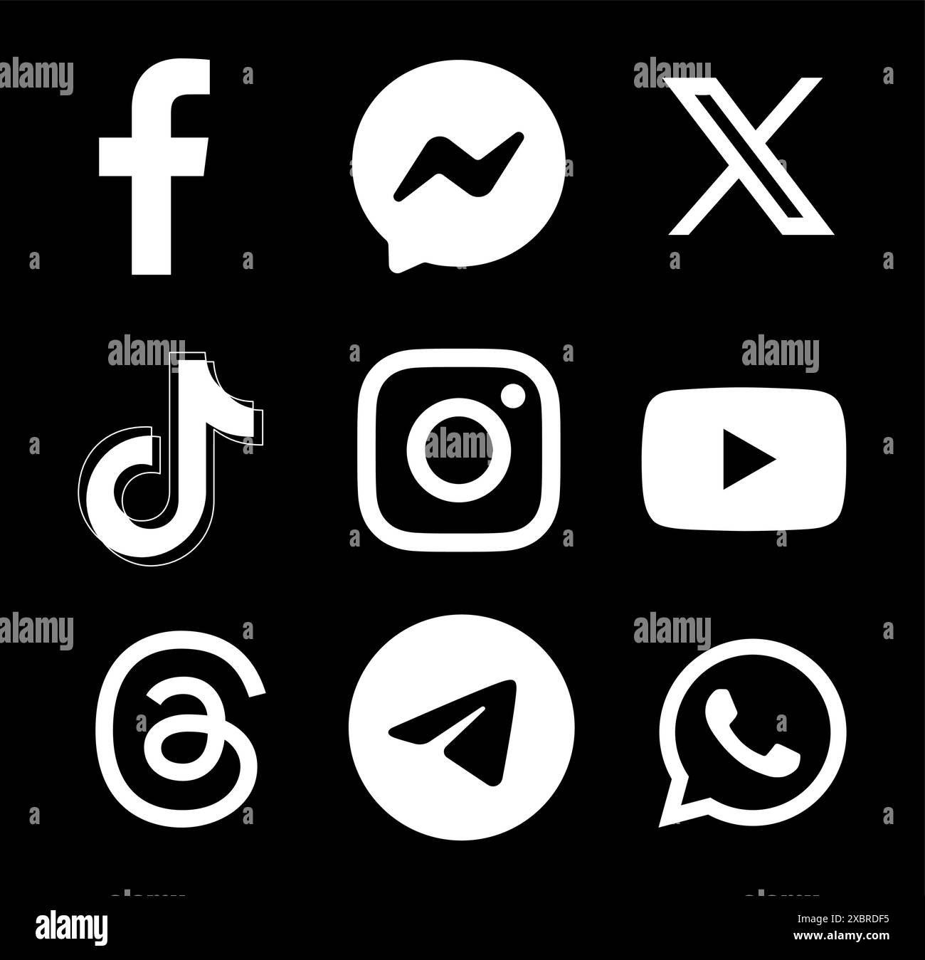 Ensemble de signes blancs des icônes populaires de médias sociaux et d'applications mobiles : Facebook, Messenger, Twitter - X, TikTok et autres, sur un fond noir, vecteur i. Illustration de Vecteur