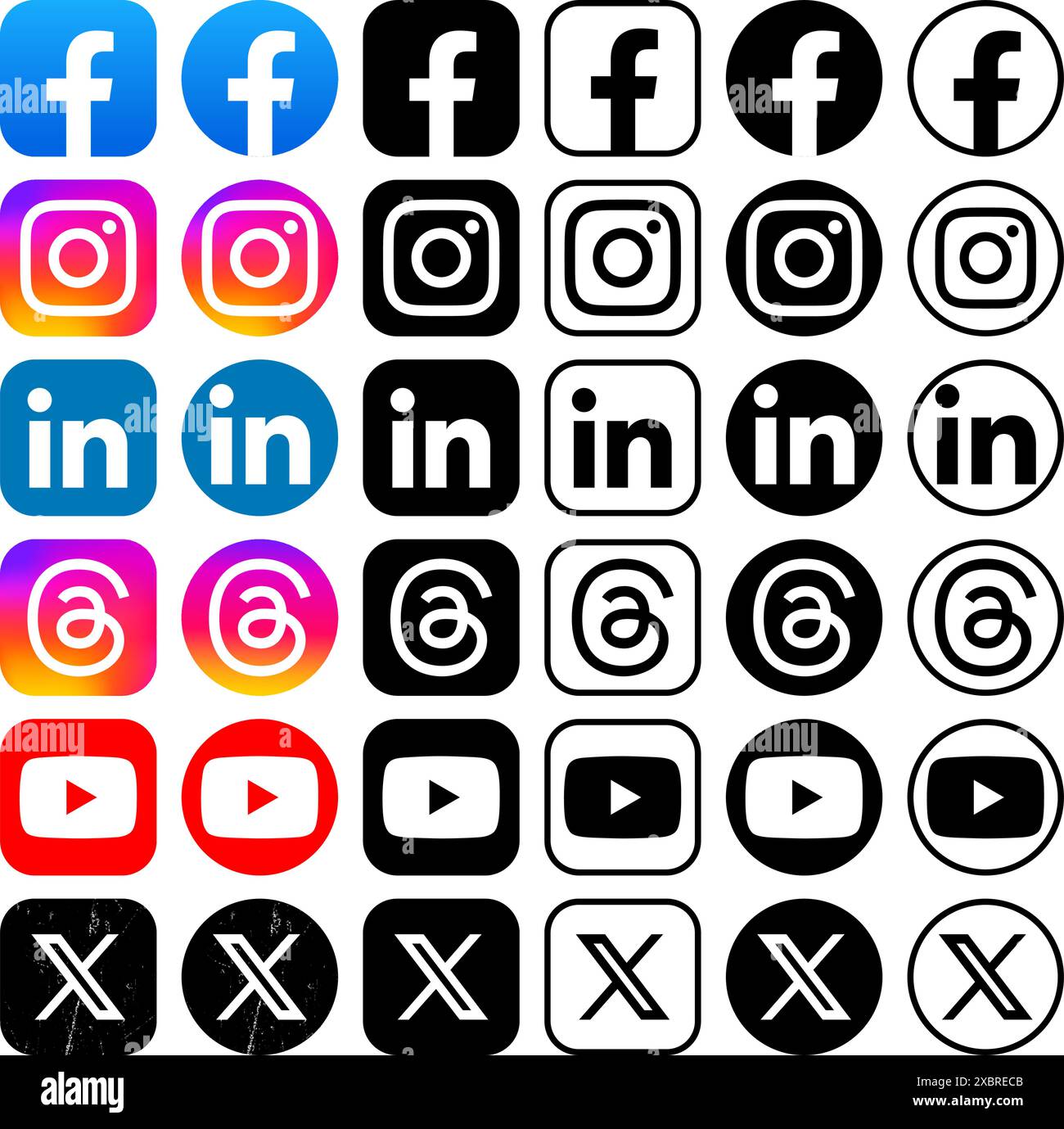 Ensemble d'icônes populaires de médias sociaux et d'applications mobiles sous différentes formes, telles que : Facebook, Instagram, LinkedIn, threads, Twitter - X et YouTube. Vecteur Illustration de Vecteur