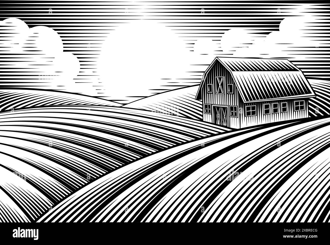 Farm Barn et Rolling Hills Vintage Woodcut style Illustration de Vecteur