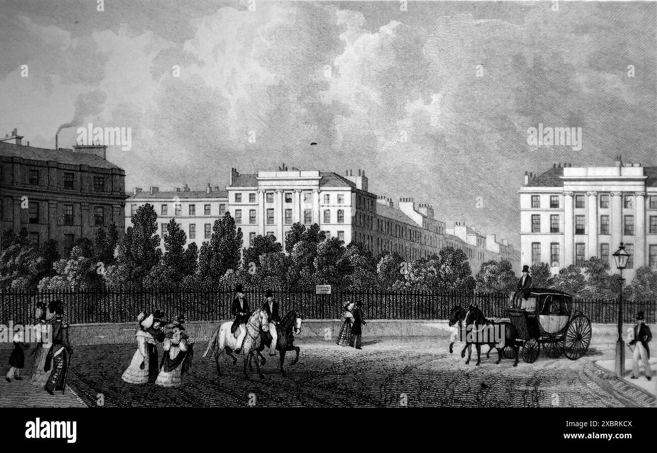 Une partie de Royal Circus, Édimbourg, gravée par H. W. Bond. Il s'agit d'une gravure datant de 1832 réalisée à partir d'un dessin aquarelle de Thomas H. Shepherd (1793-1864). À l'époque, en 1832, Guillaume IV était roi, environ cinq ans avant que la reine Victoria monte sur le trône. Ceci et d'autres que j'ai dans la série ont été utilisés pour illustrer les ressemblances architecturales entre Athènes et Édimbourg (Écosse) et ses environs à l'époque. Remarque : certains des originaux avaient des taches qui peuvent apparaître comme des taches légèrement plus foncées sur les photos. Banque D'Images