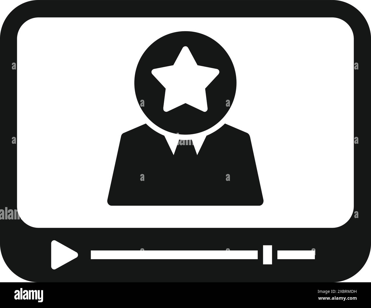 Icône noire et blanche d'un lecteur vidéo mettant en vedette un homme d'affaires avec une étoile au-dessus de sa tête, représentant la gestion de réputation en ligne Illustration de Vecteur