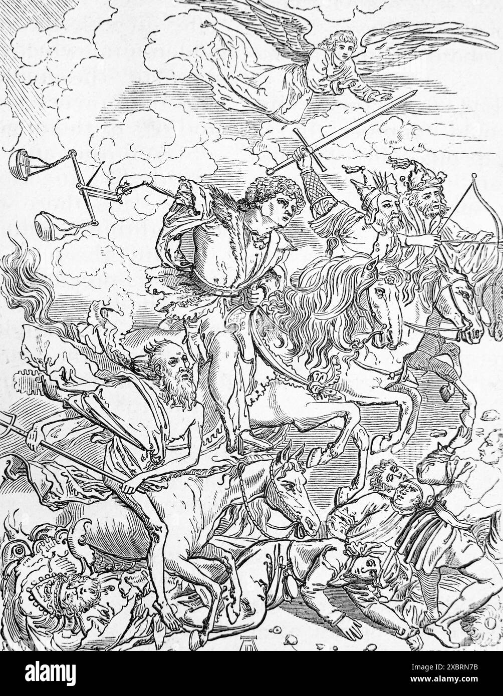 Gravure sur bois de l'ouverture des sceaux d'une peinture d'Albrecht Dűrer représentant les quatre cavaliers de l'Apocalypse annoncés par un Ange de an Banque D'Images