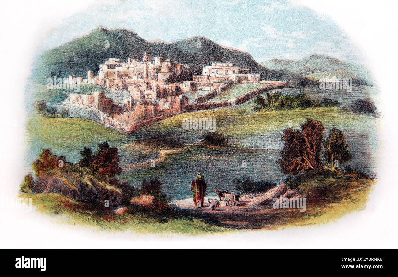 Illustration Nazareth Israël dit être le lieu où l'Annonciation s'est produite et où Jésus-Christ a grandi à partir de la Bible de la famille auto-interprétative de Brown antique du 19ème siècle Banque D'Images