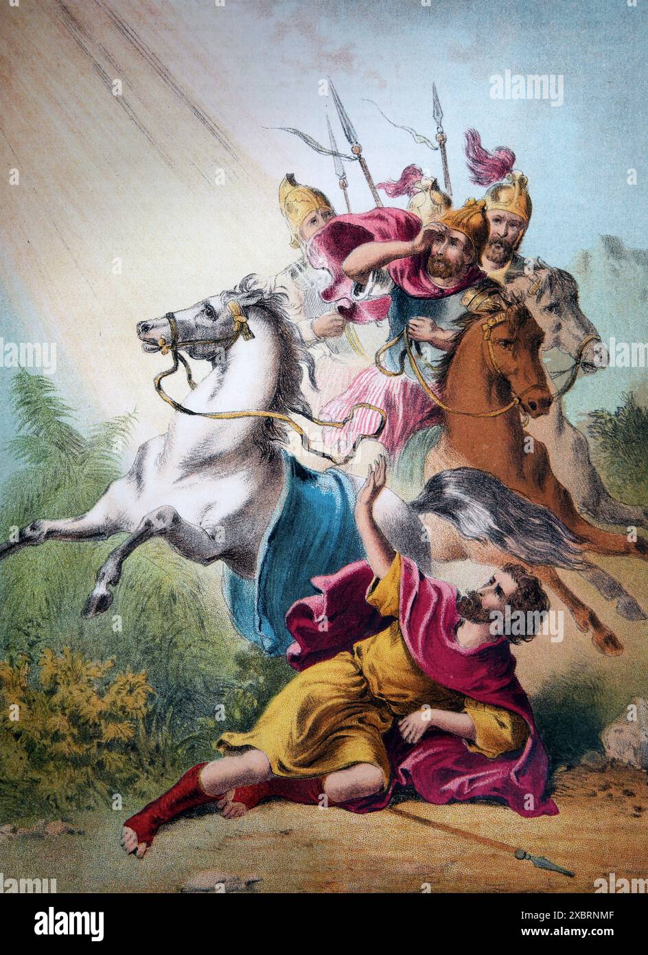 Illustration de la conversion de Saint Paul après avoir vu un éclair de lumière du ciel et entendu la voix de Dieu sur la route de Damas (actes) d'an Banque D'Images