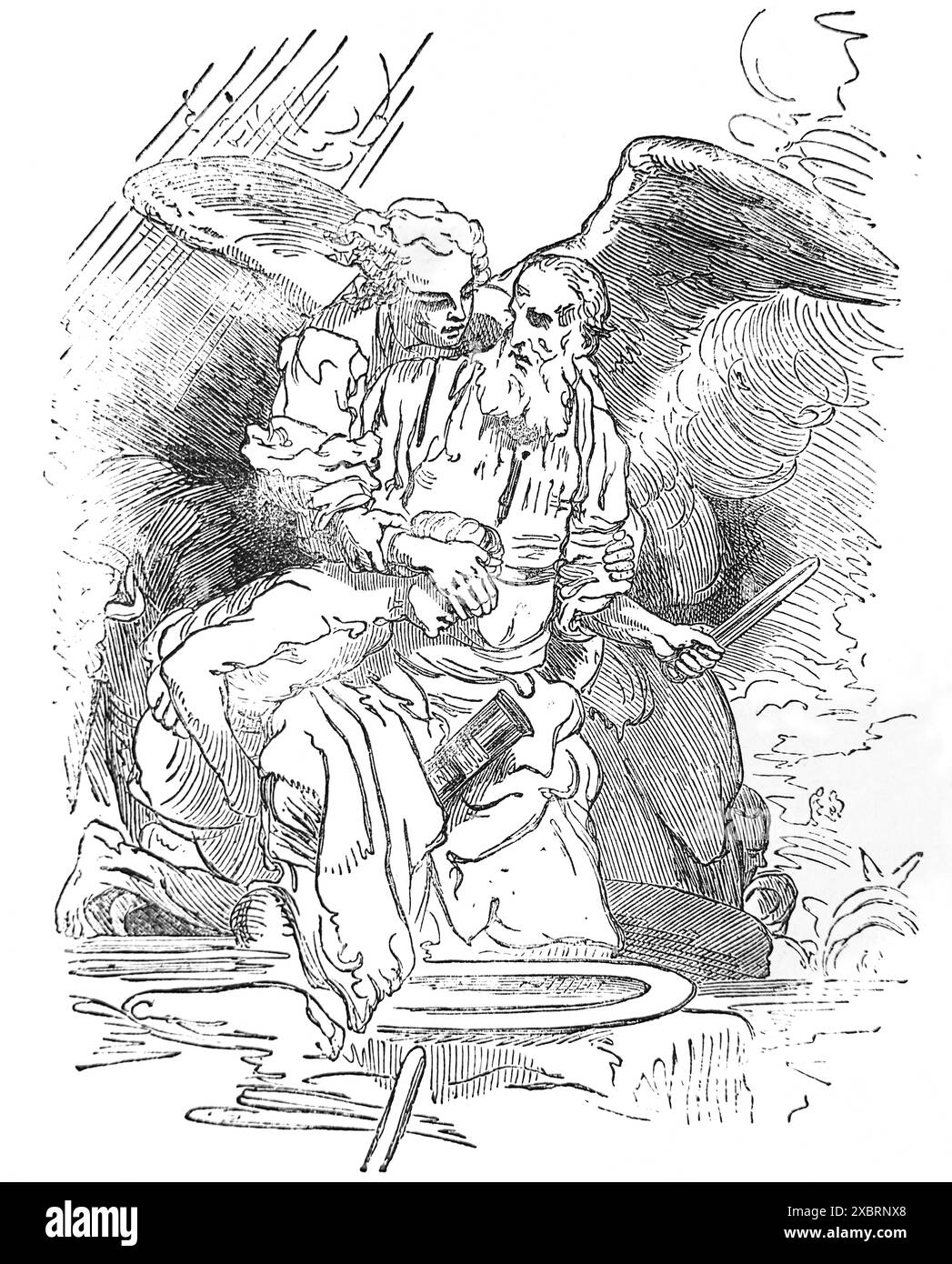Abraham offrant Isaac et l'Ange du Seigneur l'arrêtant Genèse de l'ancien Testament Sainte Bible d'après une peinture de Rembrandt dans l'Antiquité du XIXe siècle Banque D'Images