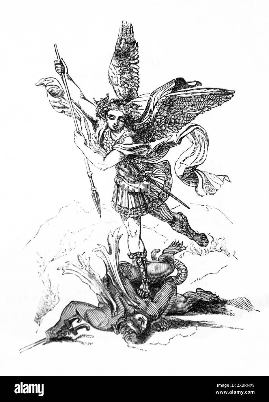 Gravure sur bois de Saint Michel vaincre le Diable (Jude) à partir d'une peinture de Raphaël pour François Ier dans Antique XIXe siècle Illustrated Family Bible Banque D'Images