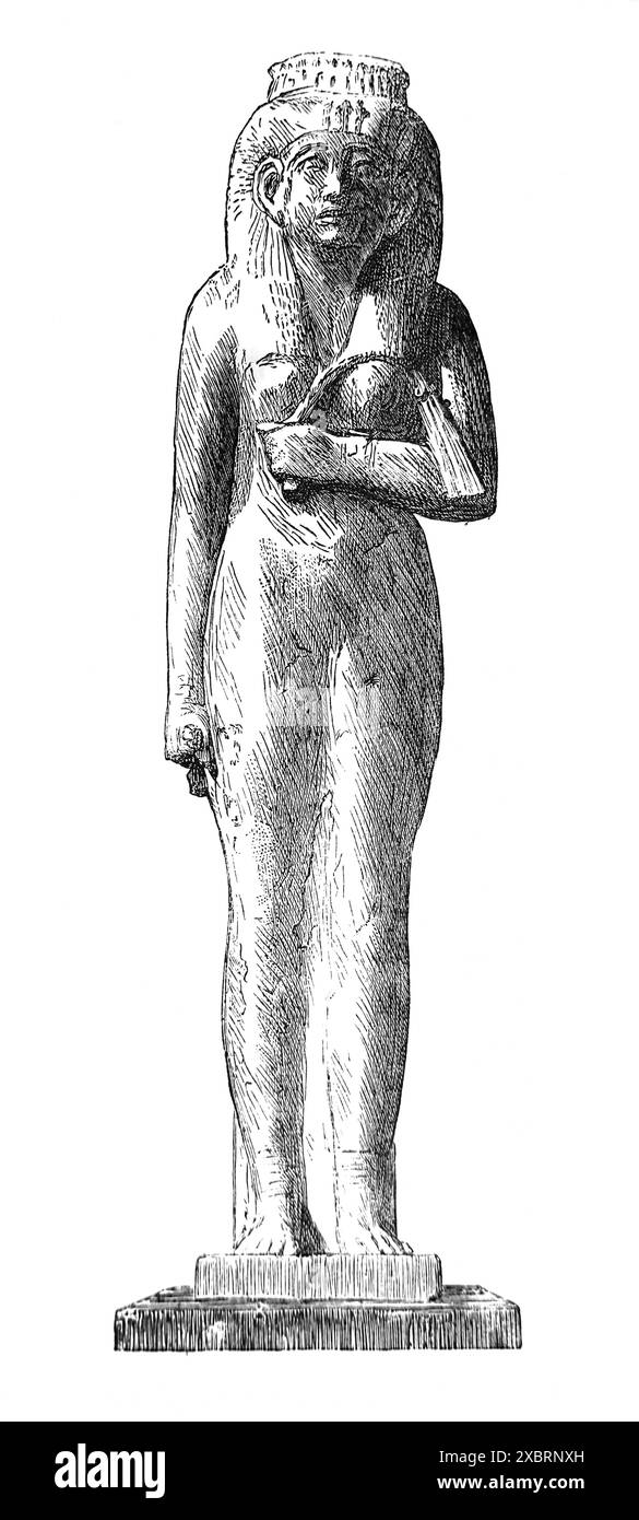 Gravure sur bois de l'idole égyptienne Ameniritis dans la Bible de la famille illustrée antique du XIXe siècle Banque D'Images