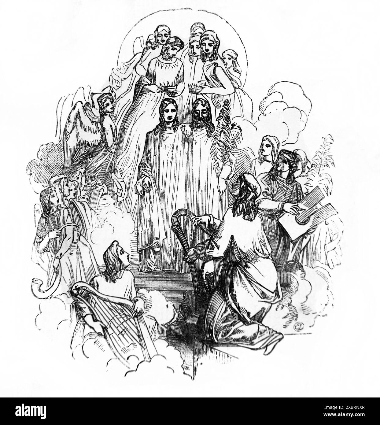 Gravure sur bois du couronnement des Bienheureux (révélations) de la Bible de la famille illustrée antique du XIXe siècle Banque D'Images