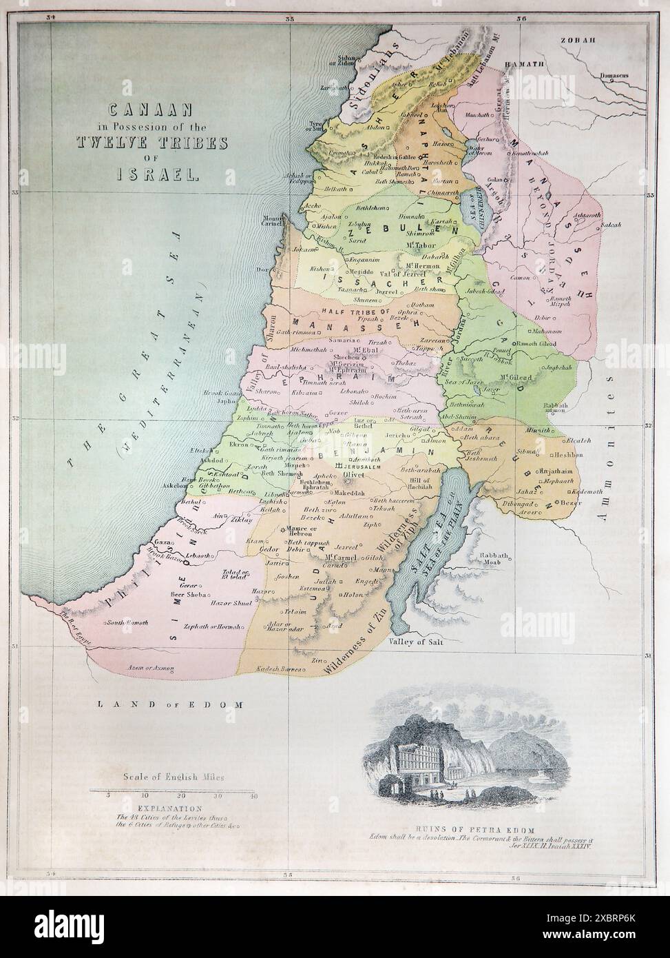 Carte de la possession des douze tribus d'Israël de l'Antiquité 19ème siècle la Bible pratique et dévotionnelle de la famille avec les commentaires de Henr Banque D'Images