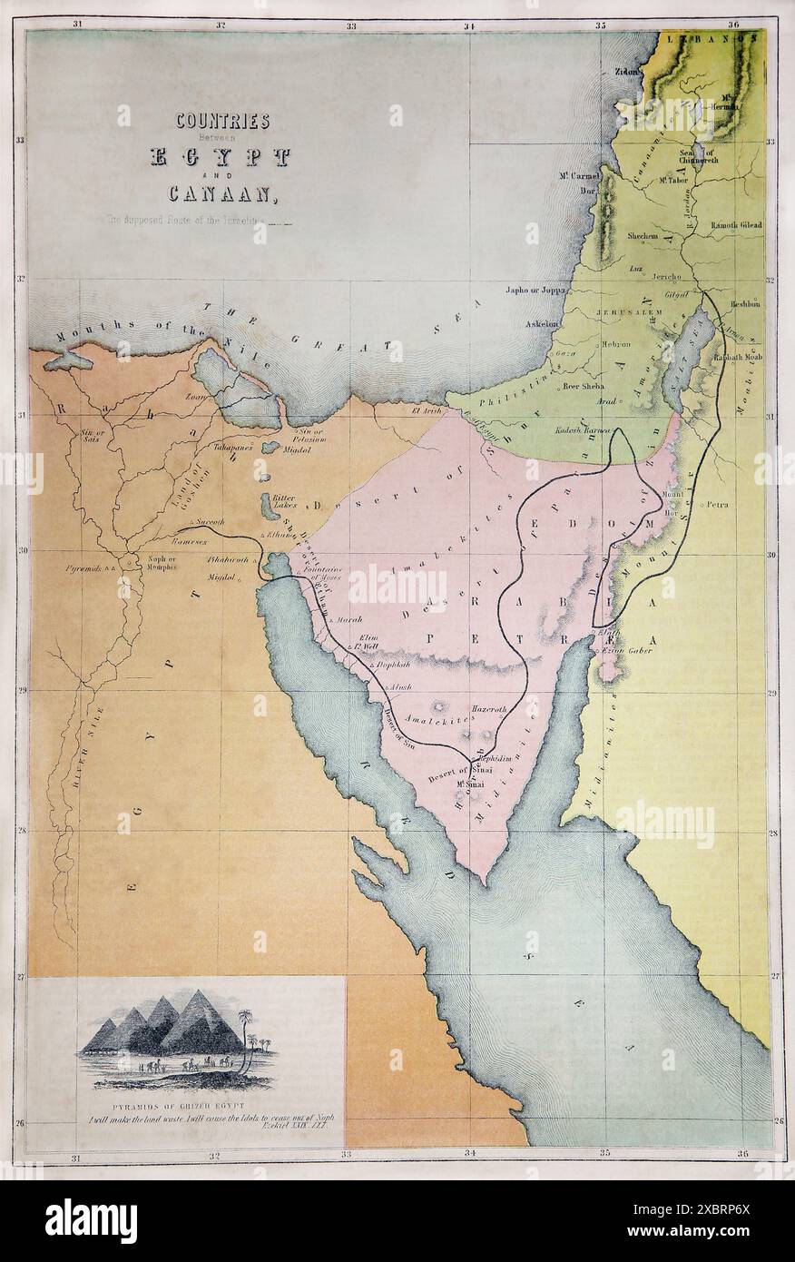 Carte des pays entre l'Egypte et Canaan la supposée route des Israélites de l'Antiquité 19ème siècle la famille pratique et dévotionnelle Bibl Banque D'Images