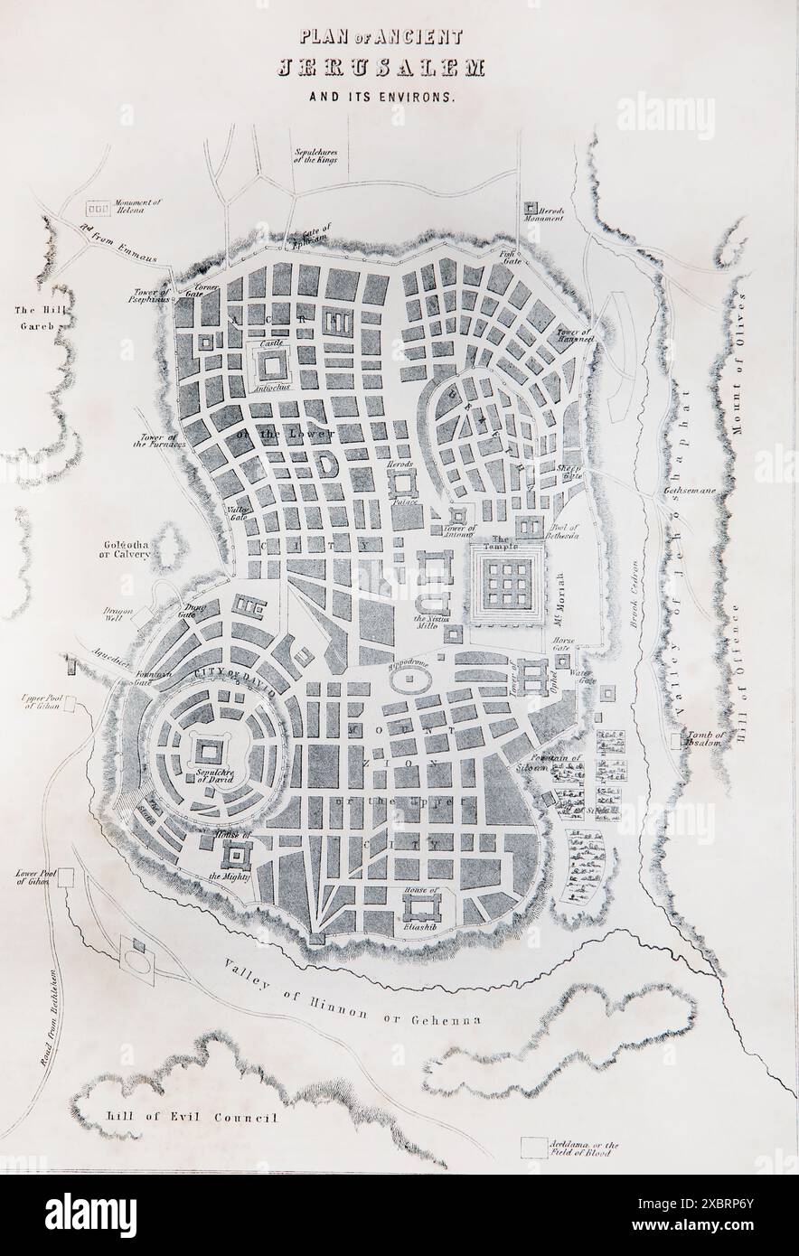 Plan antique de Jérusalem dans l'Antiquité 19ème siècle la Bible pratique et dévotionnelle de la famille avec les commentaires de Henry et Scott condensés par le Rév Banque D'Images