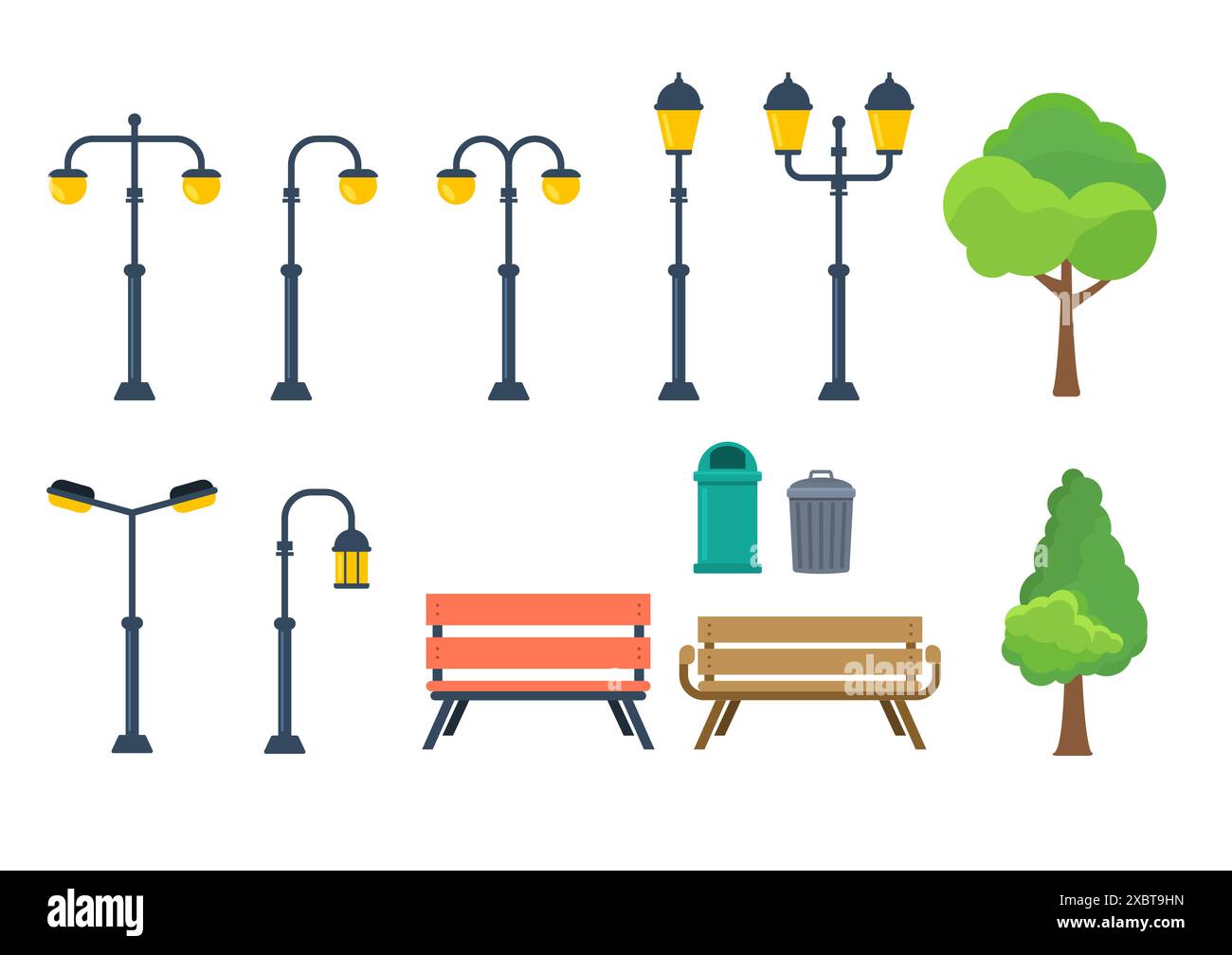 Ensemble d'éléments de parc avec lampadaires et bancs. Arbres, poubelles et divers meubles de parc. Illustration de Vecteur
