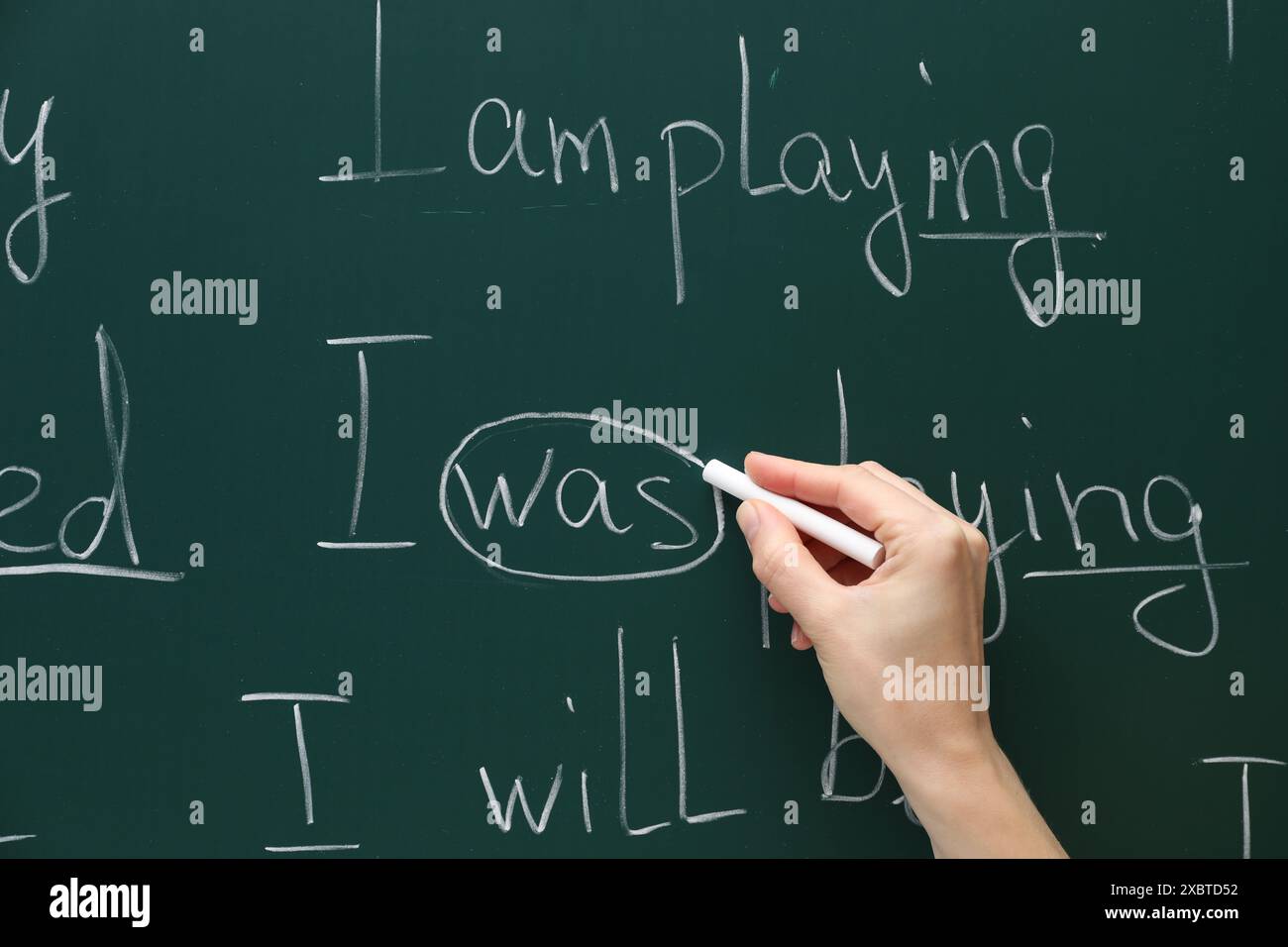 Professeur d'anglais écrivant à la craie sur le tableau vert, gros plan Banque D'Images