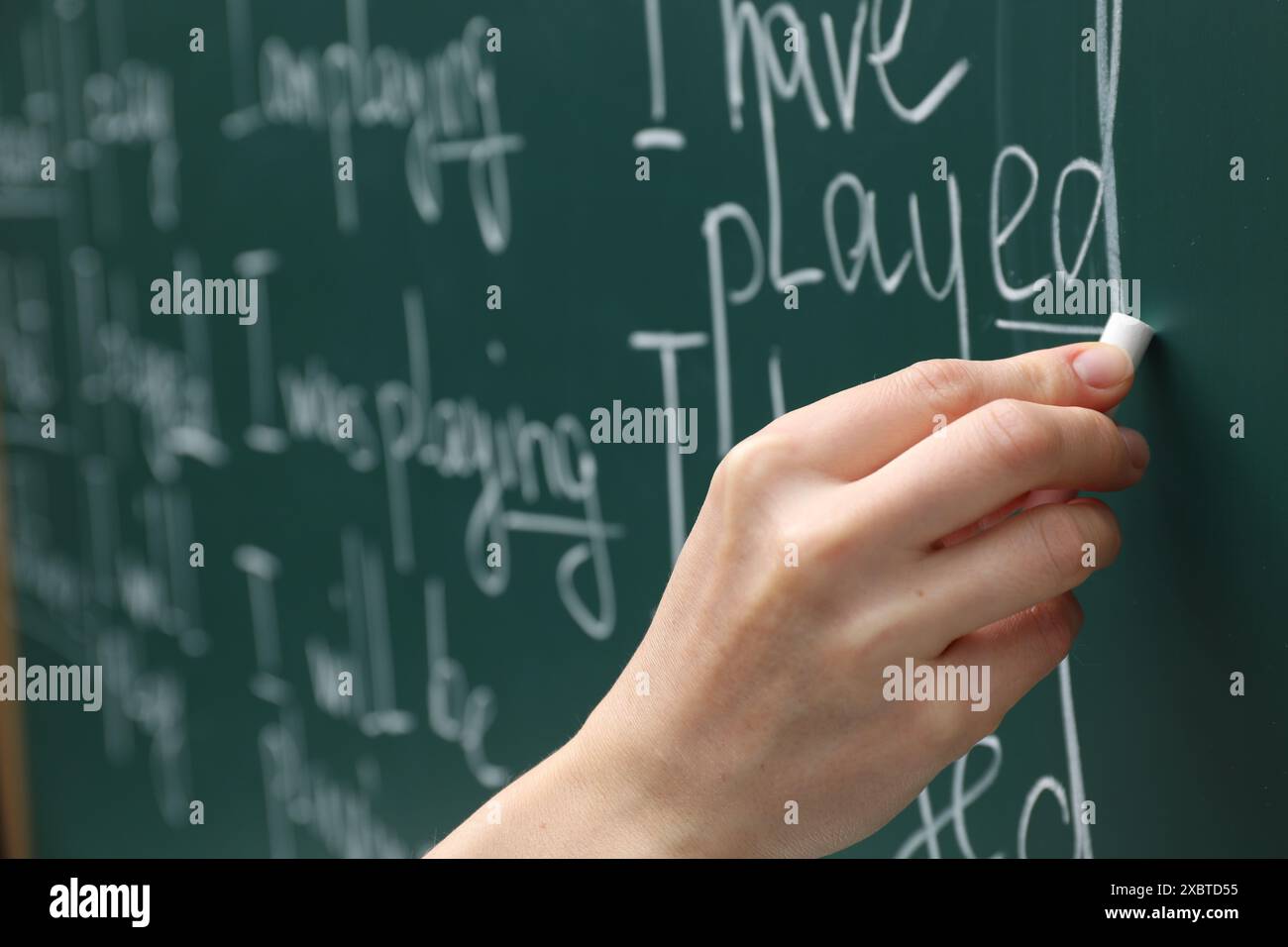 Professeur d'anglais écrivant à la craie sur le tableau vert, gros plan Banque D'Images