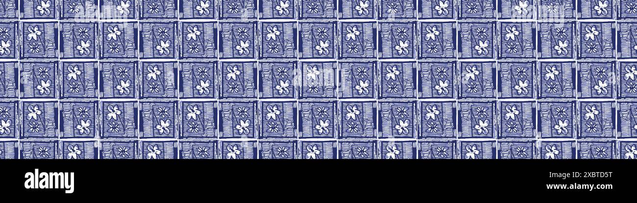 Motif décoratif de bordure imprimé japonais bleu Indigo. Conception de vecteur d'effet de teinture sans couture pour la bannière de bordure de fond de tissu batik. Illustration de Vecteur