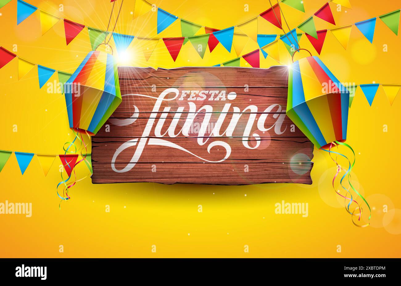 Festa Junina Illustration avec drapeaux de fête et lanterne en papier sur fond jaune. Vector Brésil juin Sao Joao Festival Design avec Typographie lettre Illustration de Vecteur