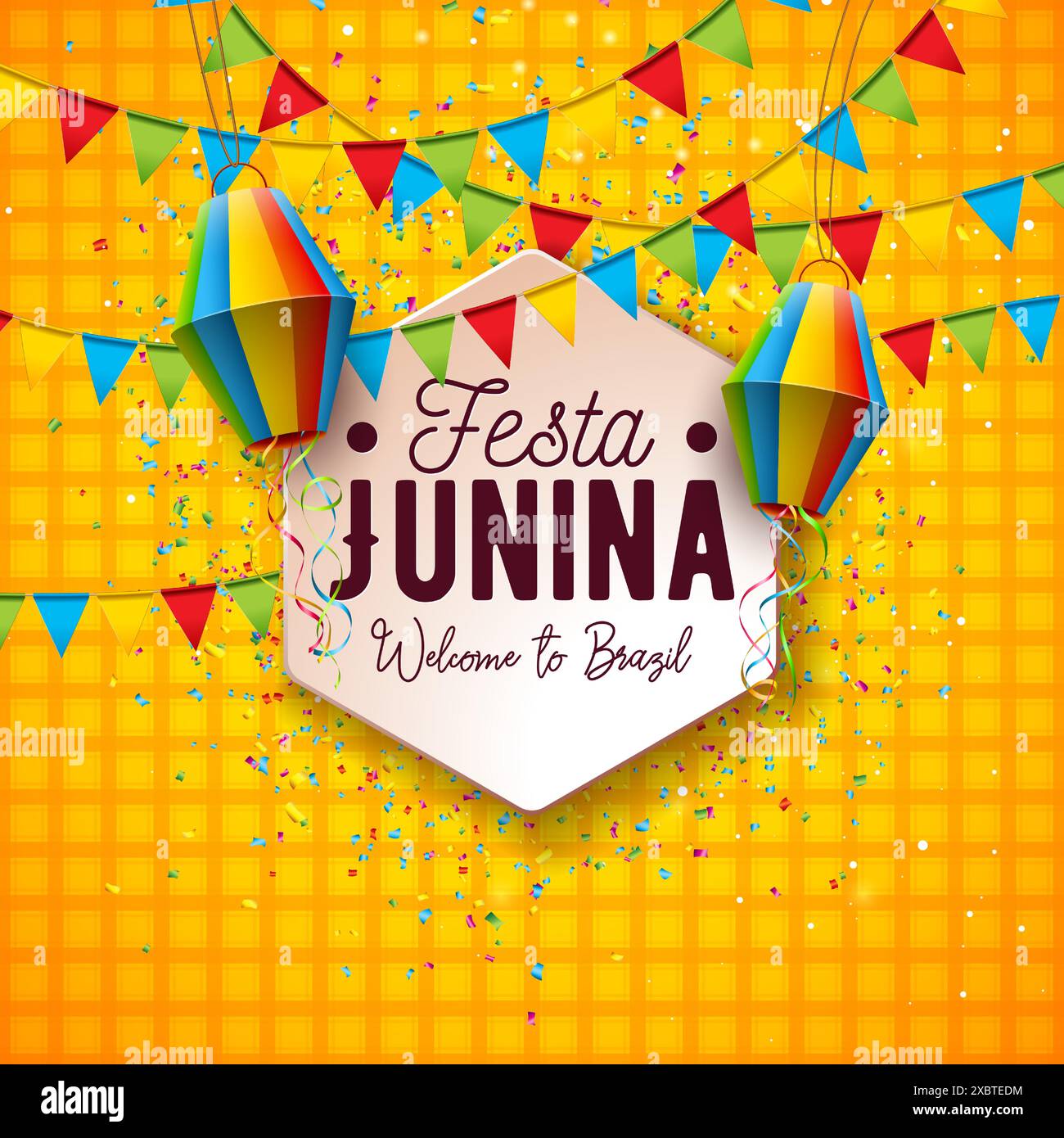 Illustration Festa Junina avec lanterne en papier coloré et lettre de typographie sur fond à carreaux jaune. Vector Festa de Sao Joao Brésil juin Illustration de Vecteur