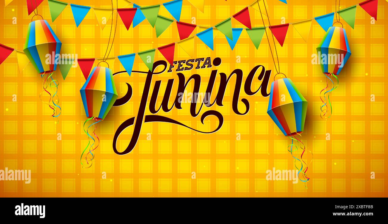 Illustration Festa Junina avec drapeau de fête, lanterne en papier coloré et lettre de typographie sur fond à carreaux jaune. Vecteur Festa de Sao Joao Illustration de Vecteur