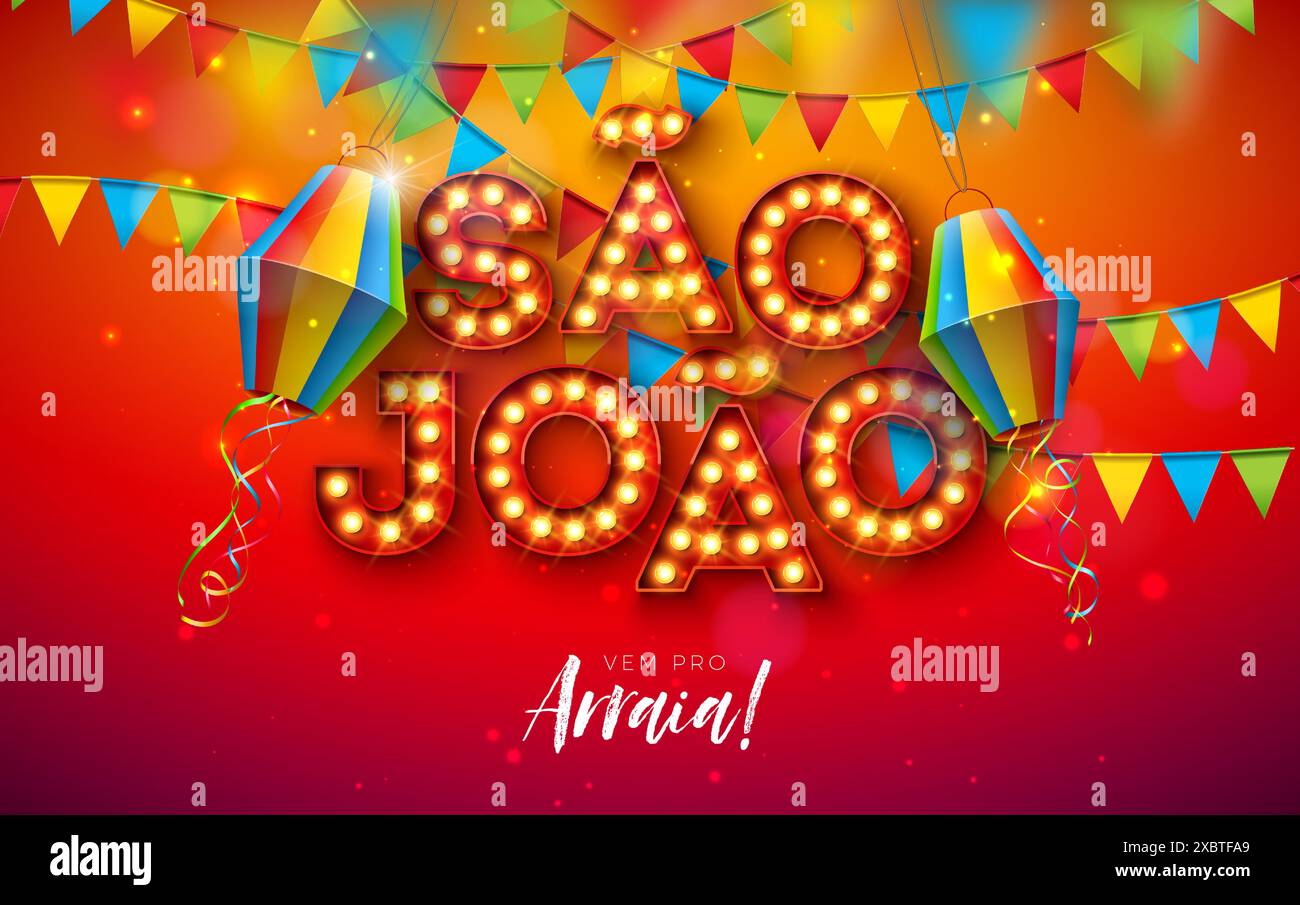 Illustration Festa Junina avec lanterne en papier, drapeaux de fête et lettrage Sao Joao Light Bulb Billboard sur fond rouge. Festival de juin de Vector Brésil Illustration de Vecteur
