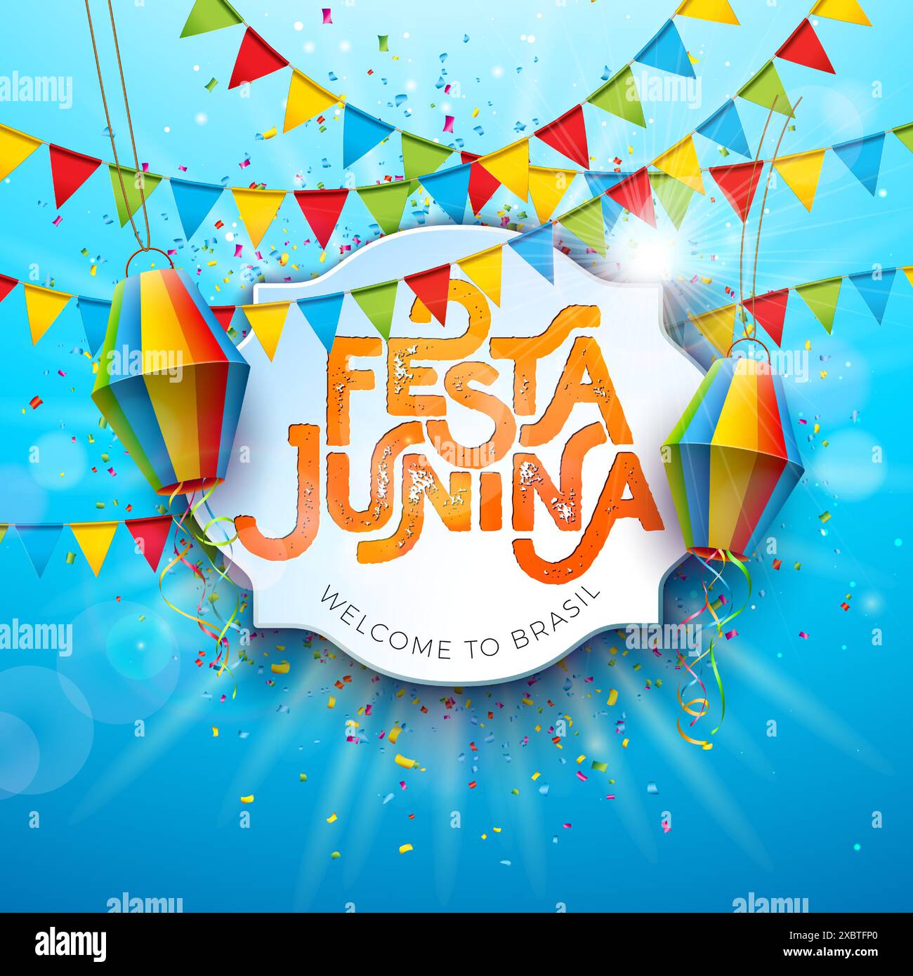 Illustration Festa Junina avec drapeaux de fête, lanterne en papier et lettre de typographie sur fond bleu ciel. Vecteur Brésil juin traditionnel Sao Joao Illustration de Vecteur