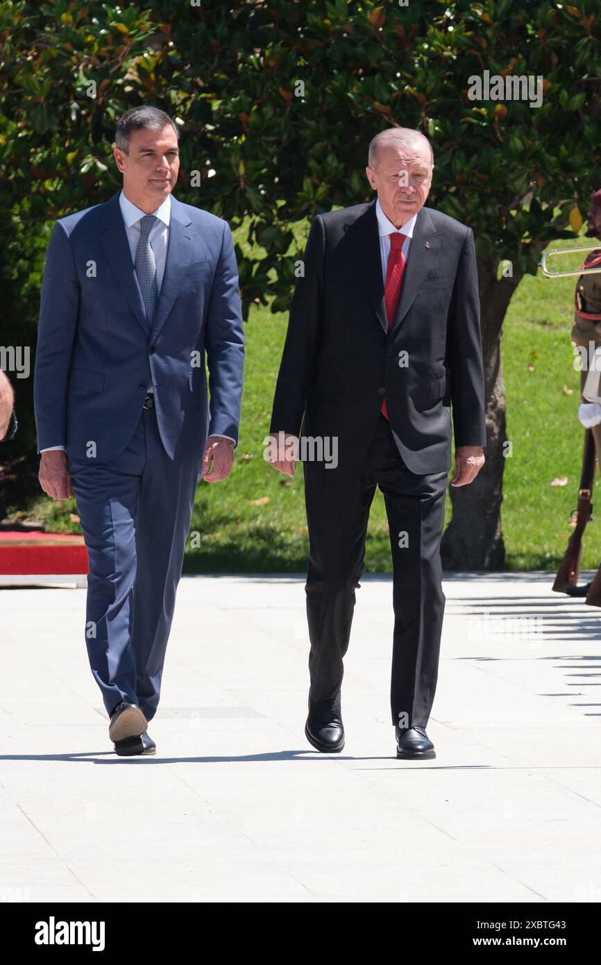 Recep Tayyip Erdogan, président de la Turquie, lors de sa visite pour paniquer le premier ministre Pedro Sanchez au Palais Moncloa à Madrid 13 juin 2024 espagne Banque D'Images