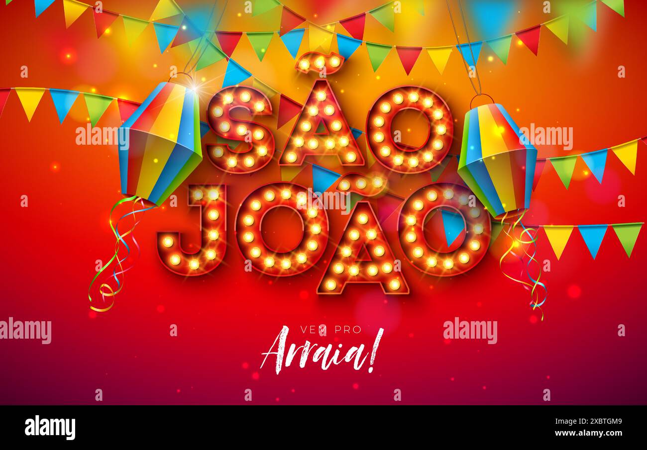 Illustration Festa Junina avec lanterne en papier, drapeaux de fête et lettrage Sao Joao Light Bulb Billboard sur fond rouge. Festival de juin de Vector Brésil Illustration de Vecteur