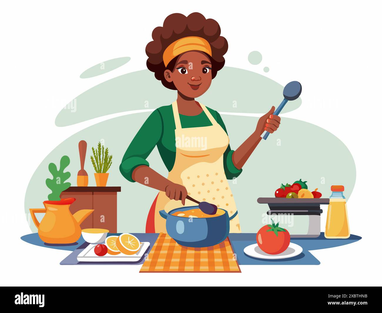 Femme afro-américaine cuisinant portant un tablier. Femme chef préparant la nourriture. Concept de cuisine, cuisine et activités domestiques. Art graphique Illustration de Vecteur