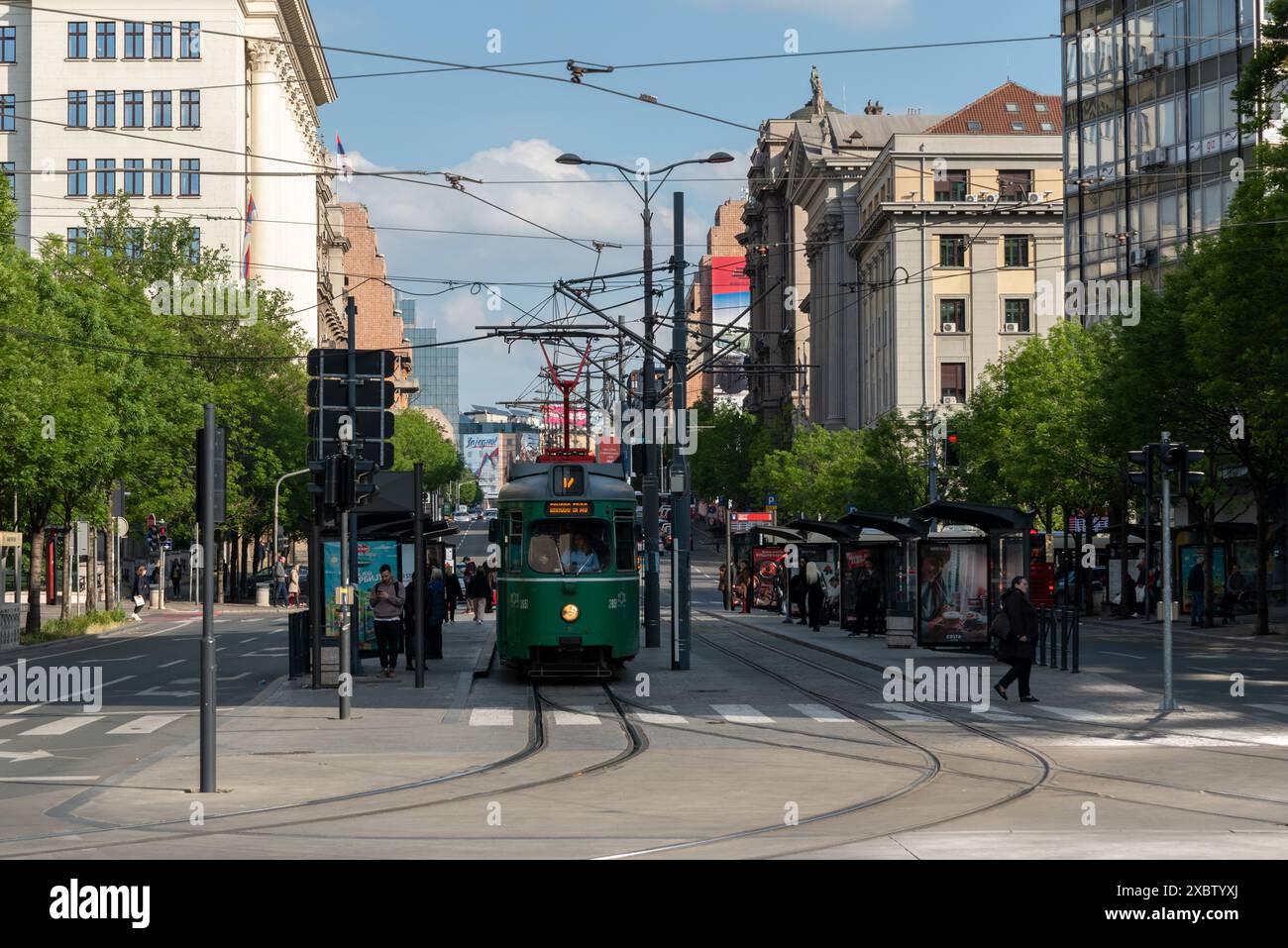 Tramway vert de style ancien sur la rue Nemanjina, Belgrade. Avril 2024. Banque D'Images