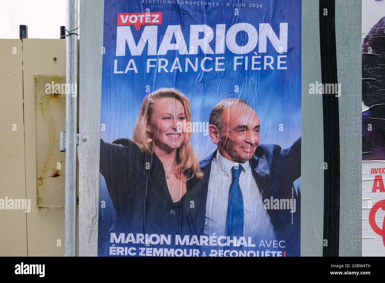 Paris, France - 4 juin 2024 : Portrait d'Eric Zemmour et Marion Maréchal, candidats sur une affiche de campagne à Paris Banque D'Images