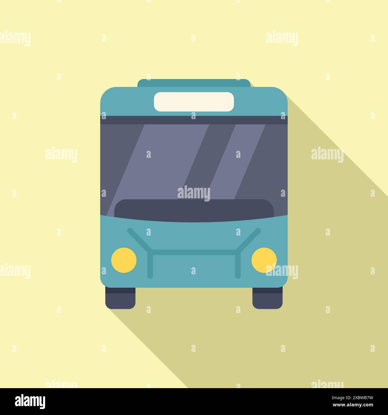 Bus interurbain turquoise debout avec phares allumés dans un design plat avec une longue ombre Illustration de Vecteur