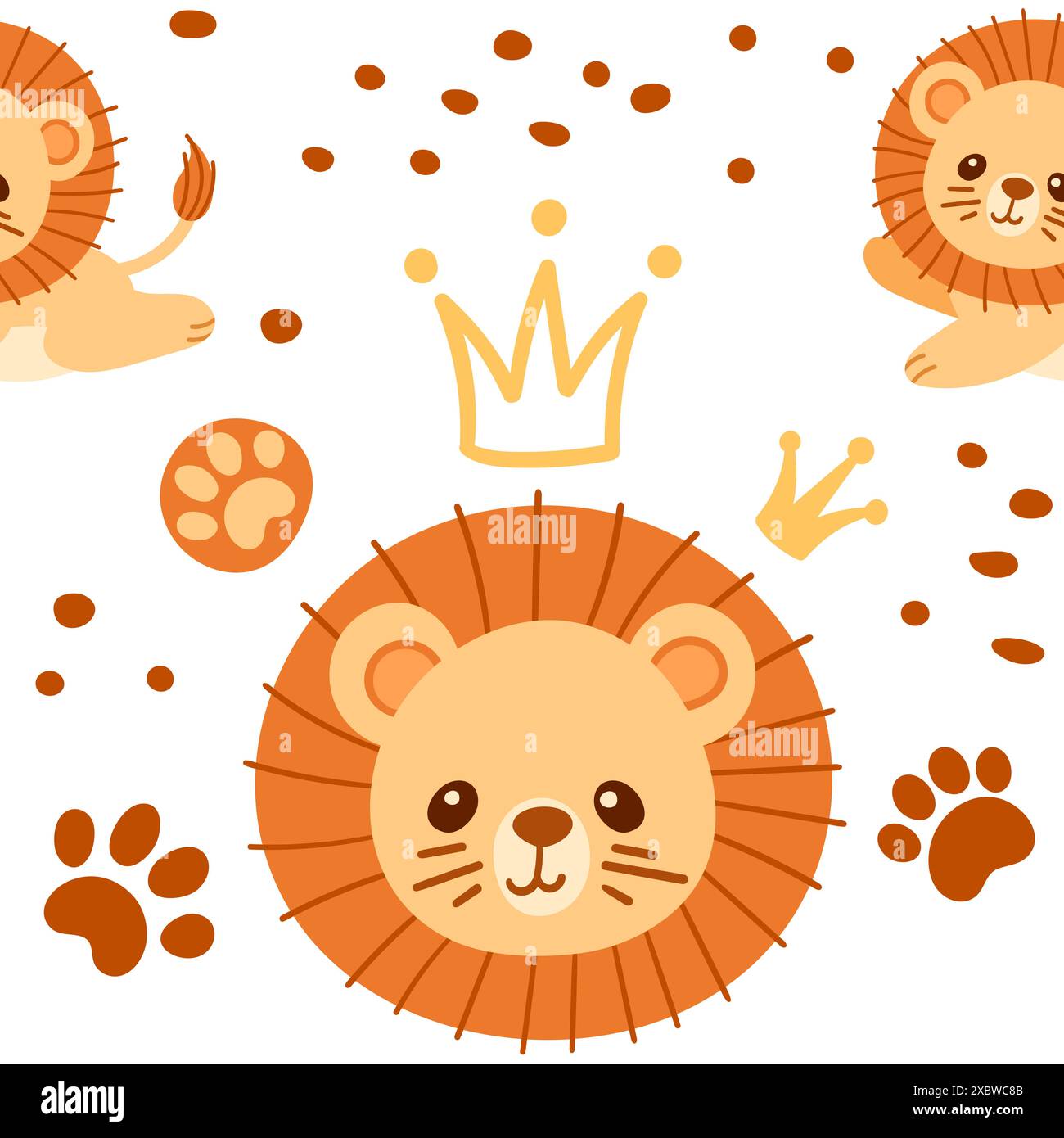 Modèle sans couture petit lion mignon avec illustration vectorielle de conception d'animaux de dessin animé roi de couronne dorée sur fond blanc Illustration de Vecteur