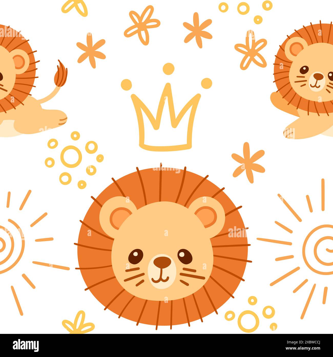 Modèle sans couture petit lion mignon avec illustration vectorielle de conception d'animaux de dessin animé roi de couronne dorée sur fond blanc Illustration de Vecteur