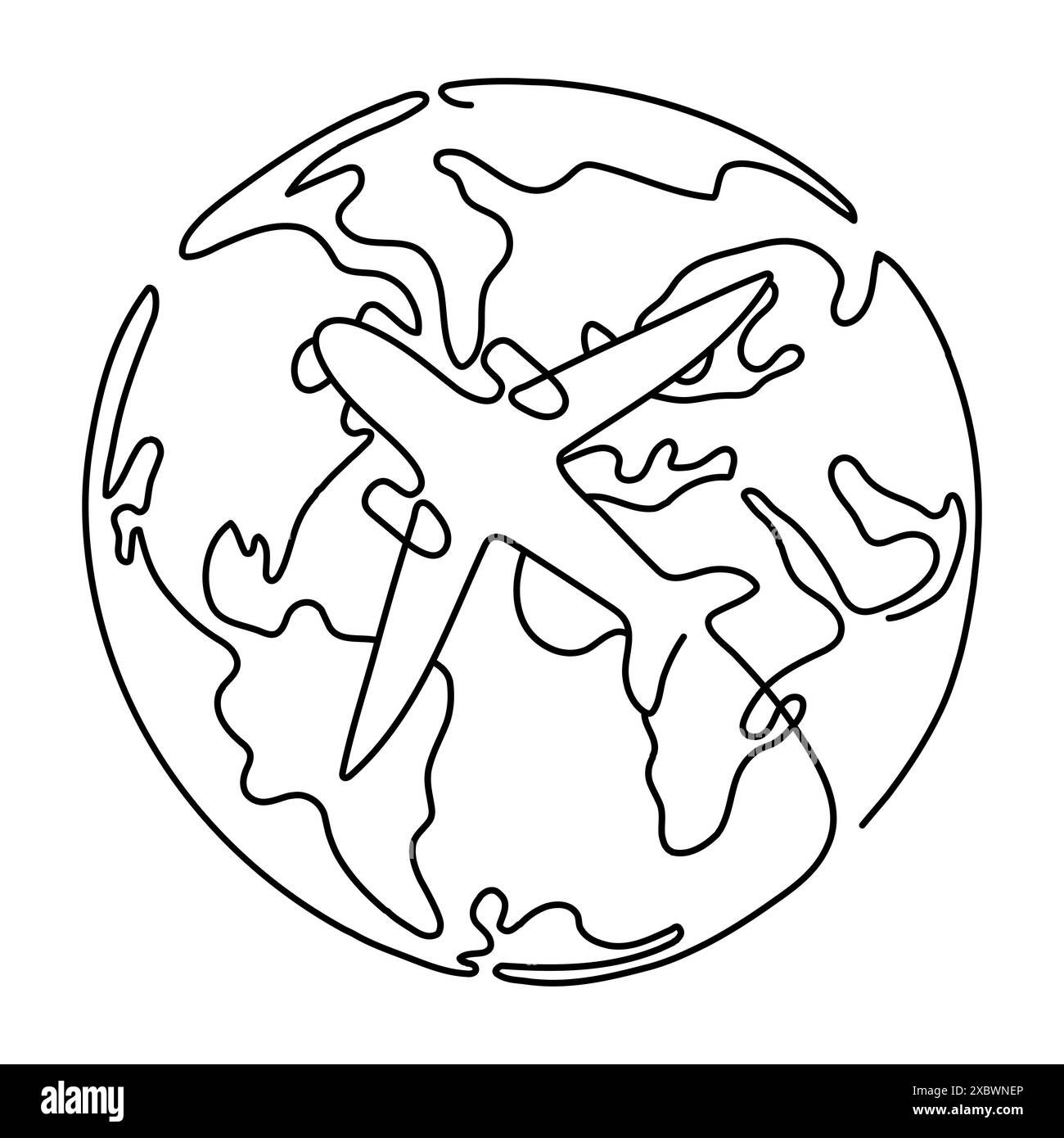 Dessin au trait du globe avec avion. Voyages et vols aériens. Trajectoire de vol sur la carte du monde dans un style linéaire simple. Illustration vectorielle Doodle Illustration de Vecteur