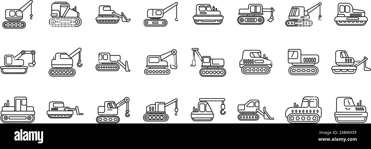 icônes de chenille définies. Ensemble d'icônes de machines de construction montrant des excavatrices, des bulldozers, des grues et d'autres équipements lourds pour la construction et la démolition Illustration de Vecteur