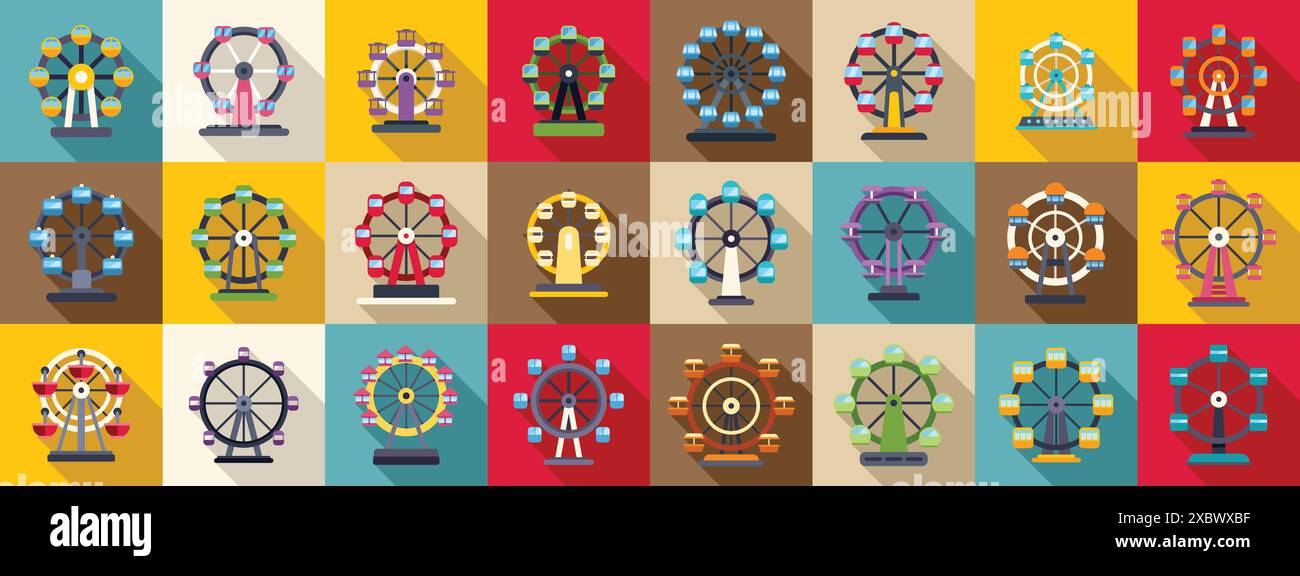 Icônes de grande roue définies. Icônes de grande roue montrant des manèges classiques de parc d'attractions avec mouvement circulaire rotatif pour des vues romantiques Illustration de Vecteur