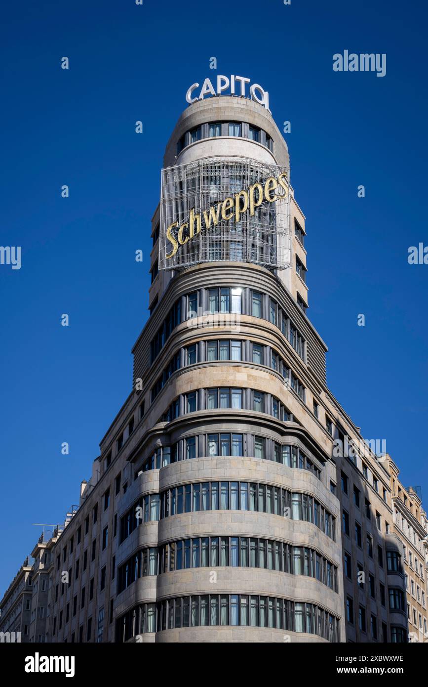 Détail de façade, art déco Edificio Carrion de 1933, Gran via, Madrid, Espagne Banque D'Images