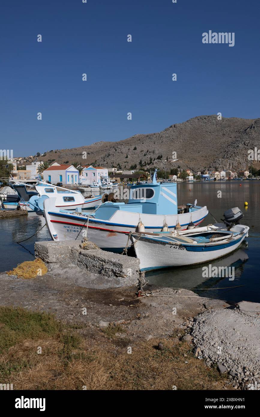 Zone de plage de Pedi sur l'île de Symi du groupe d'îles du Dodécanèse, où le corps du médecin de télévision Michael Mosley a été trouvé, Grèce, Europe Banque D'Images