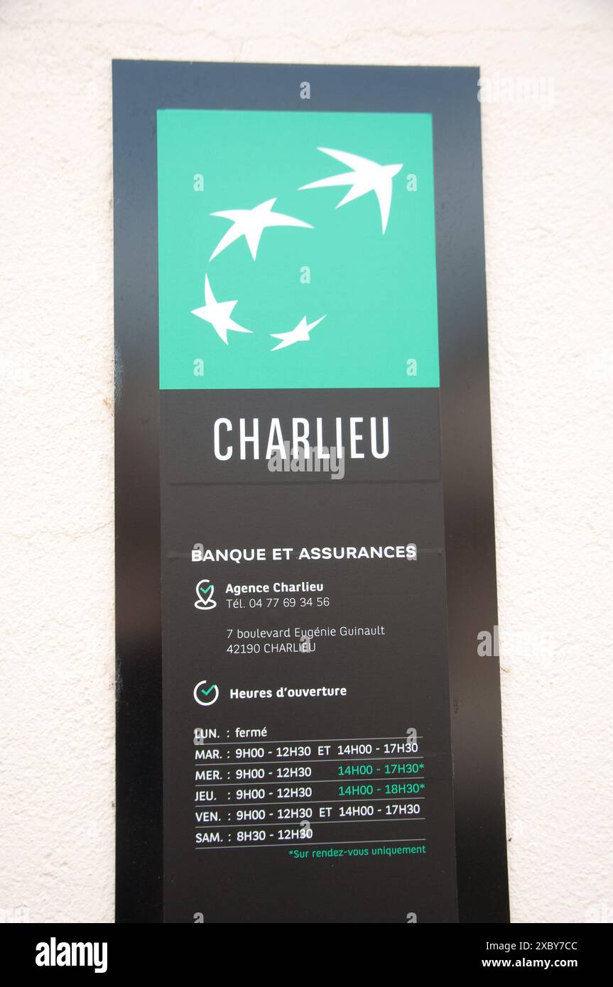 Signez pour Banque et Compagnie d'assurance ; Charlieu, Loire, Auvergne-Rhône-Alpes, France Banque D'Images
