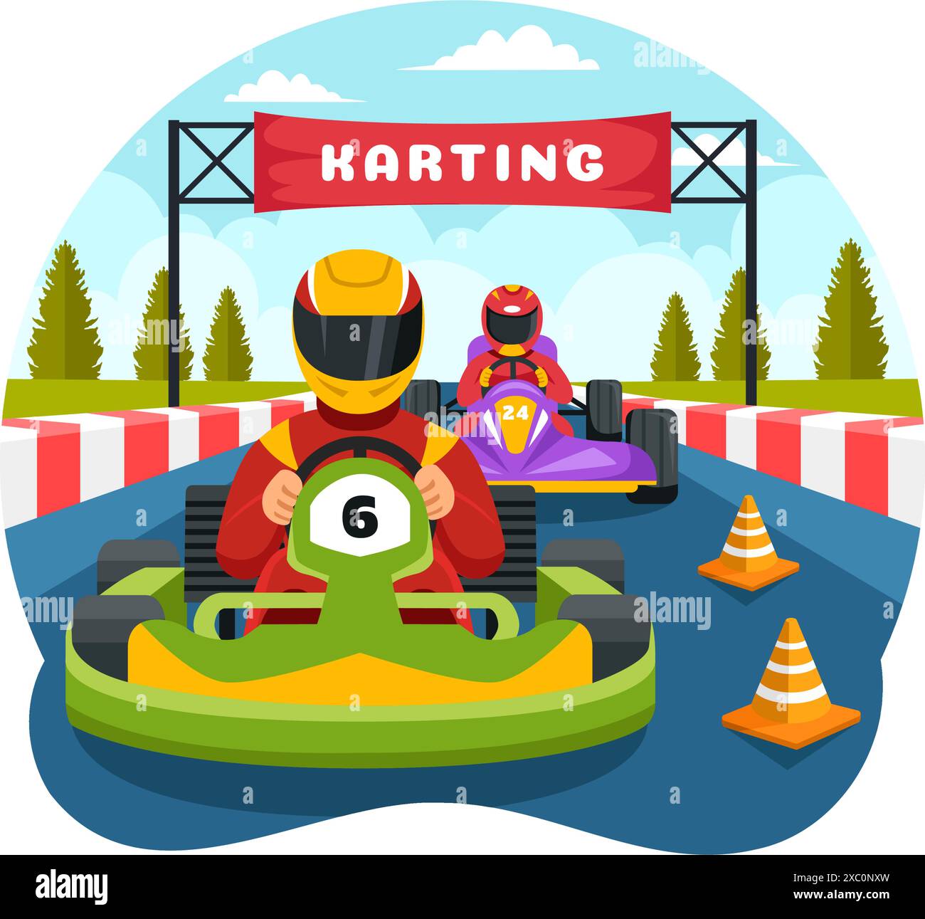 Illustration vectorielle de Karting Sport avec un jeu de course Go Kart ou Mini voiture sur une piste de petit circuit dans un design de fond de dessin animé de style plat Illustration de Vecteur
