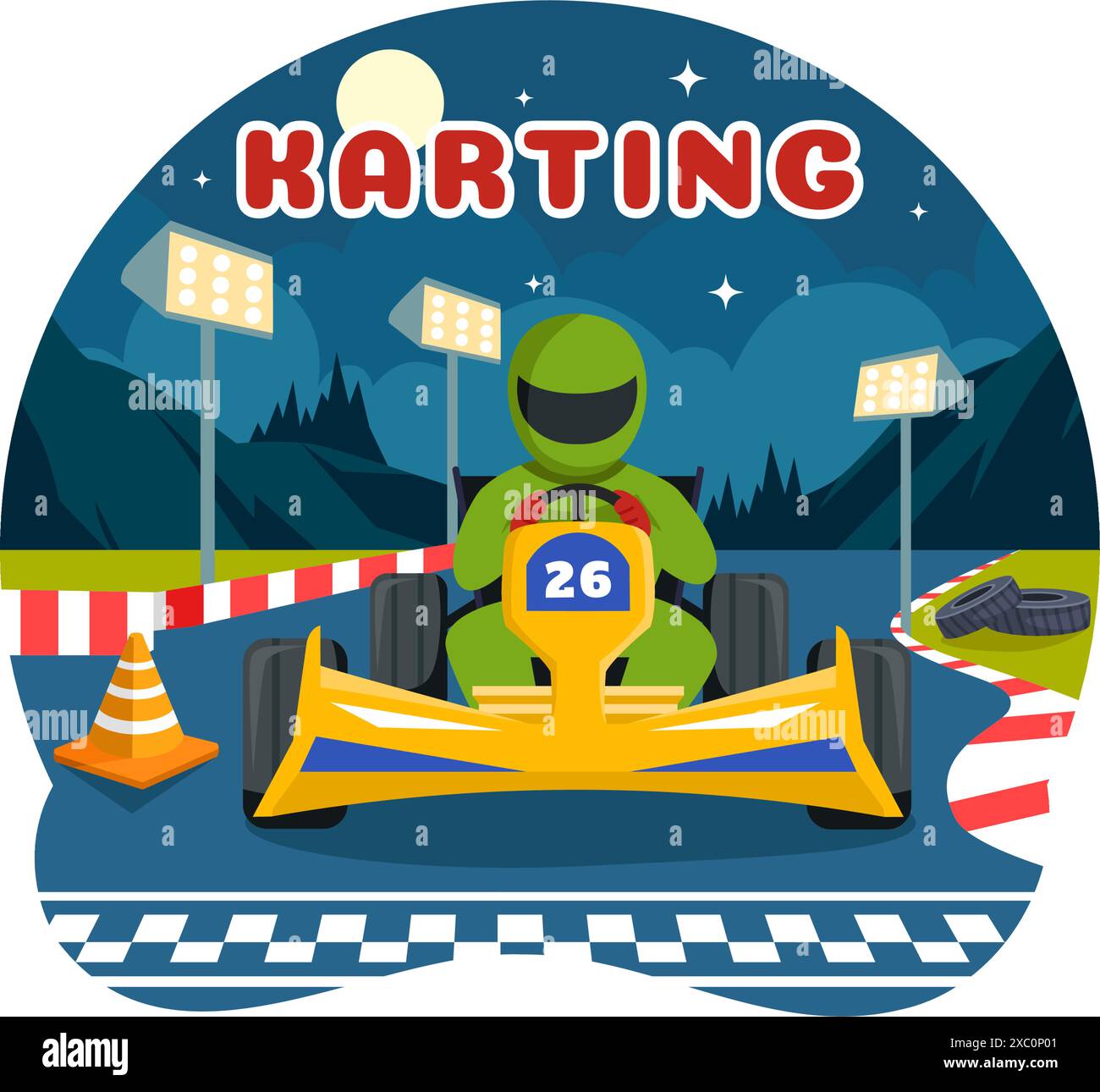 Illustration vectorielle de Karting Sport avec un jeu de course Go Kart ou Mini voiture sur une piste de petit circuit dans un design de fond de dessin animé de style plat Illustration de Vecteur